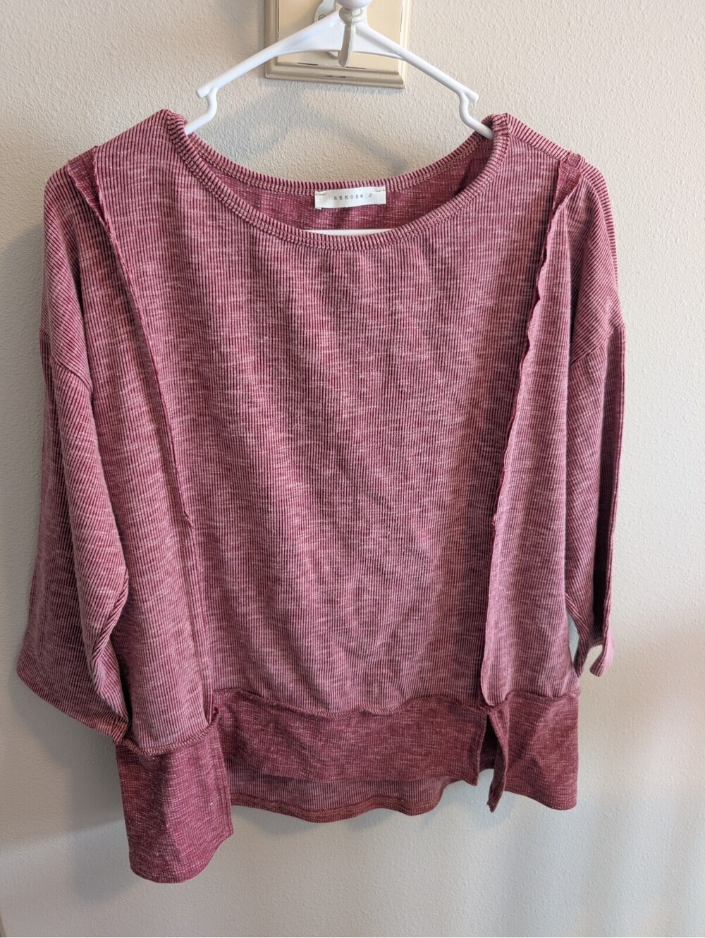 Reborn J Women's Small Red Ribbed Long Sleeve Top Scoop Neck Stretch Made In USA